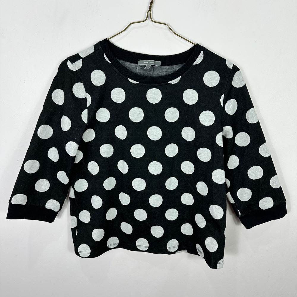 Blue Tassel Knit Top Womens Medium Polka Dot 3/4 Sleeve Cotton Preppy Twee